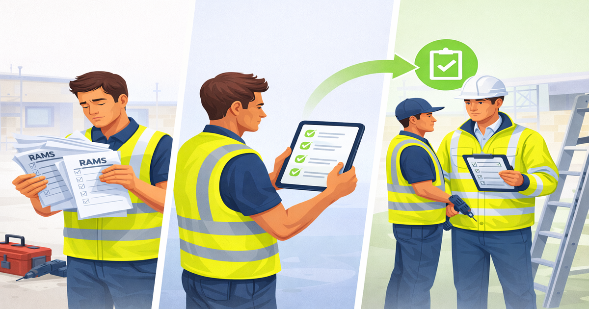 Site manager reviewing RAMS paperwork on a construction site
