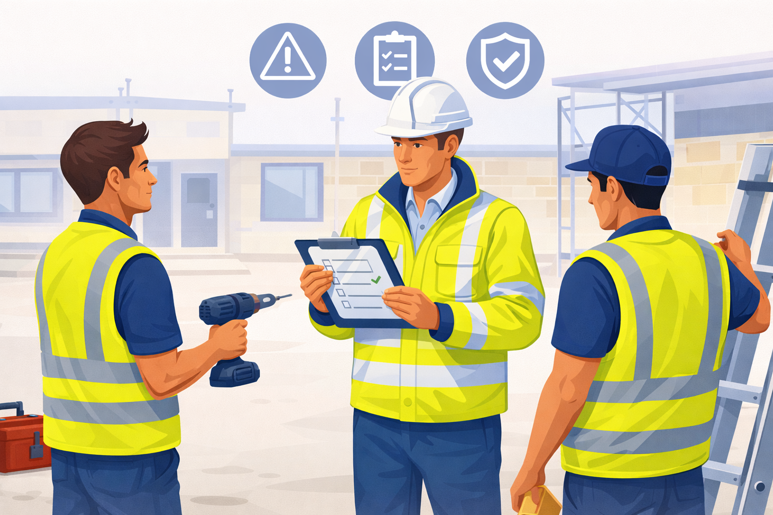 Construction site manager reviewing RAMS paperwork on a tablet vs generic paper templates