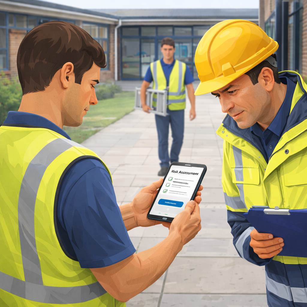 SME contractor showing digital RAMS on a mobile phone to a site manager on a school site