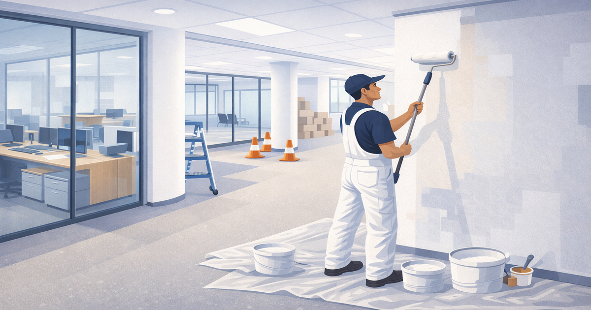 Commercial painting contractor working painting an office corridor