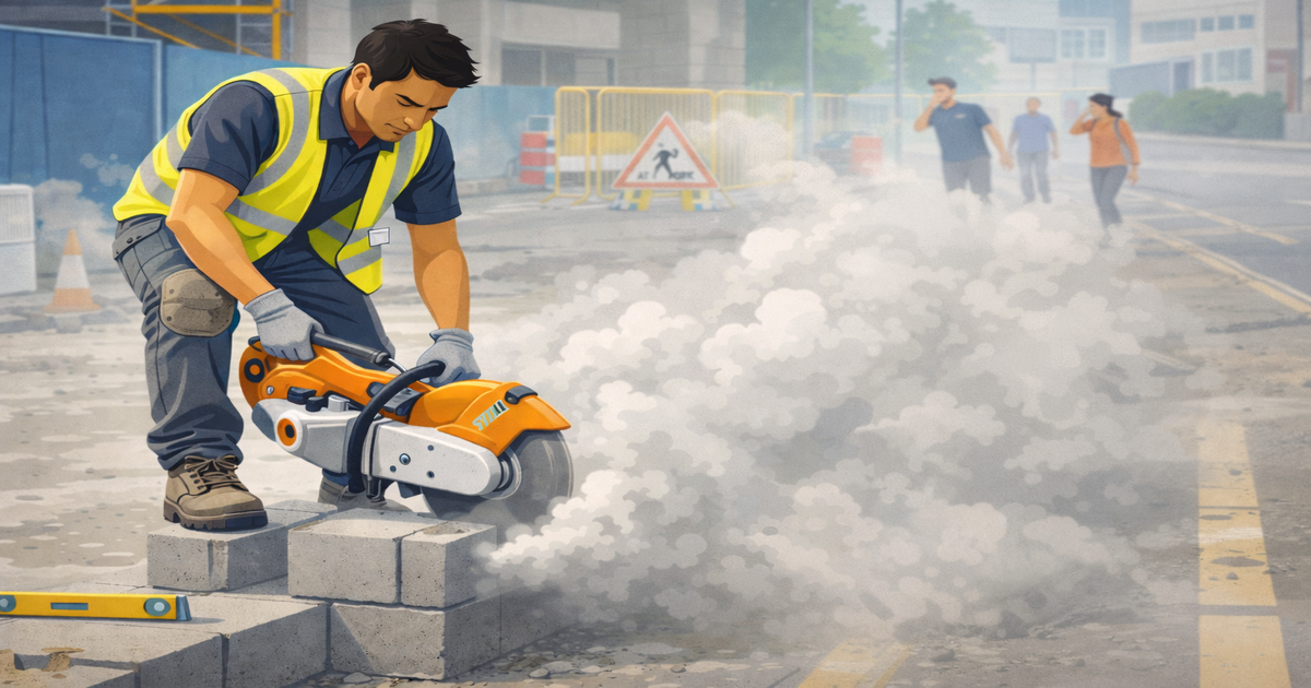 Bricklayer cutting block without dust suppression; showing visible plumes of silica dust