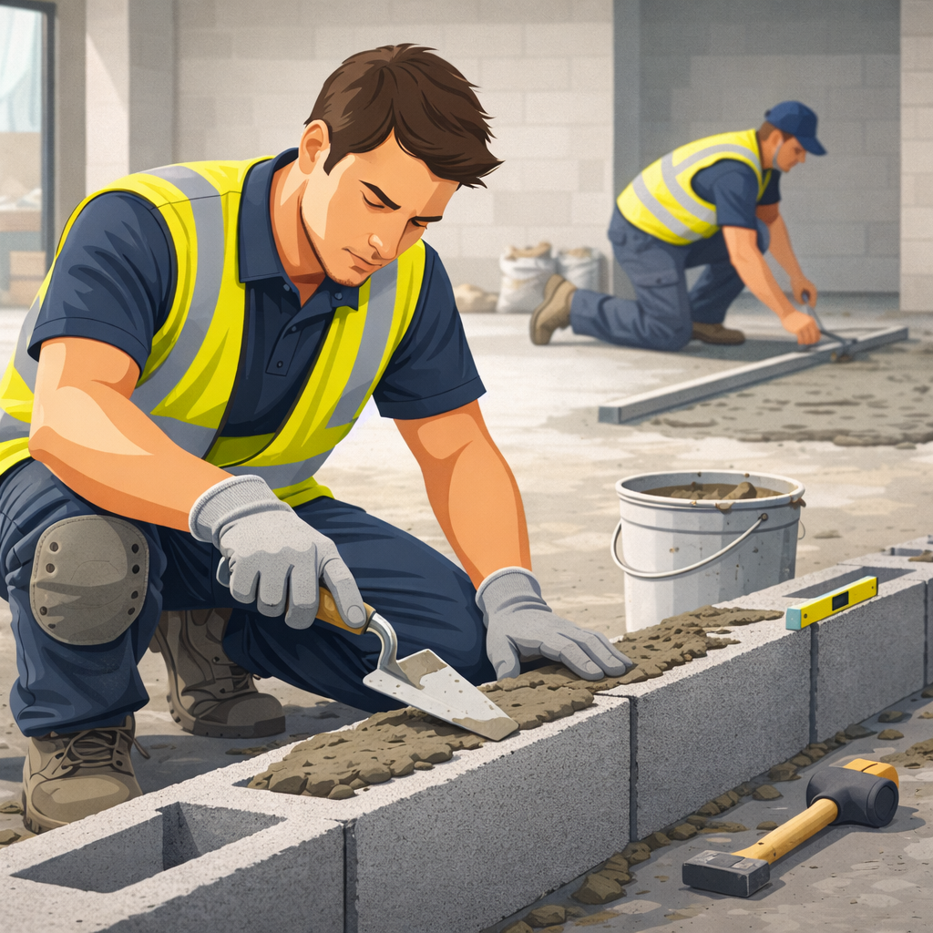 general builders carrying out low-level blockwork and floor preparation on a commercial site