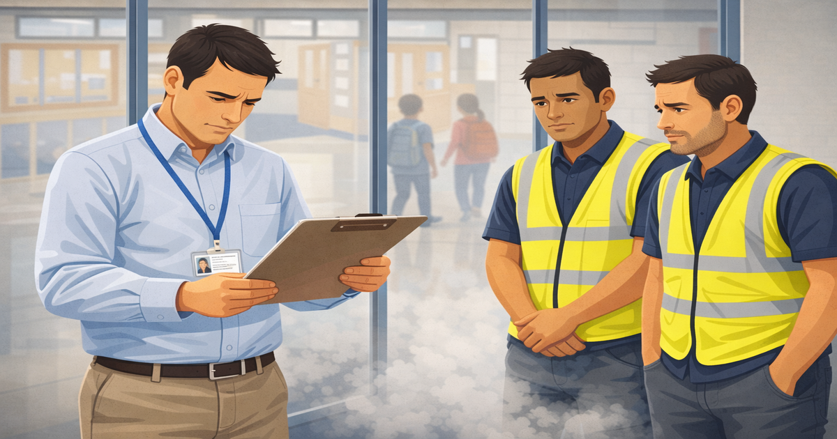 Builder discussing safety paperwork with a facilities manager in a school corridor