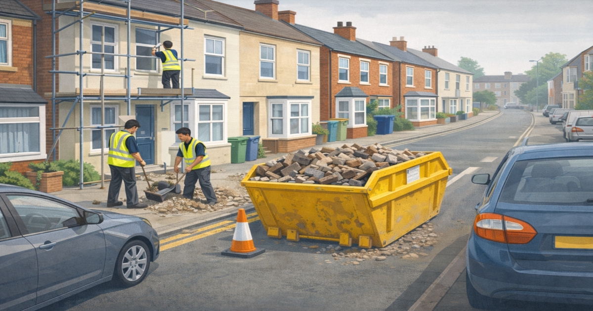 Builders working on a terraced street with scaffolding erected and a skip placed on the road, protected by traffic cones.